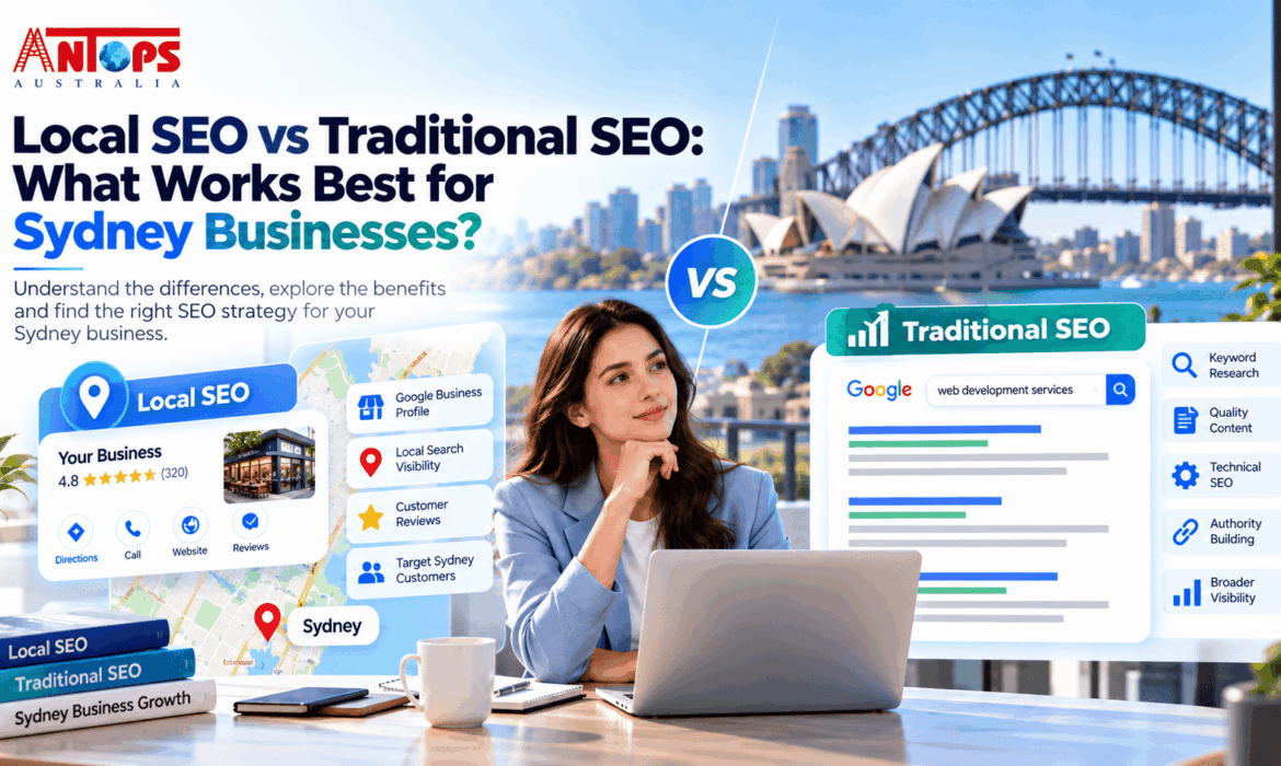 Local SEO vs traditional SEO comparison showing how Sydney businesses can improve Google rankings, local search visibility and organic traffic.